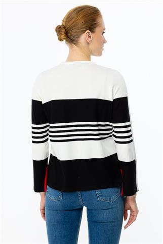 Çizgili Yırtmaç Detaylı Triko Siyah Kadın  Kazak 49324-2K5