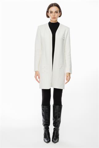 Kalpli Zımba Detaylı Ekru Kadın Uzun Hırka 49906-2K5