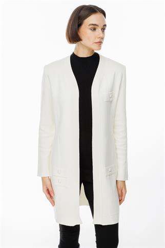 Kalpli Zımba Detaylı Ekru Kadın Uzun Hırka 49906-2K5