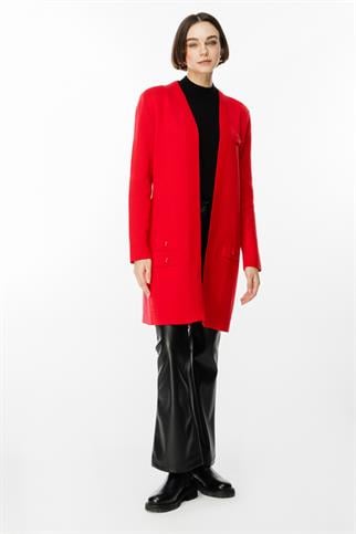Kalpli Zımba Detaylı Kırmızı Kadın Uzun Hırka 49906-2K5 49906-2K5