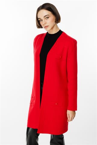 Kalpli Zımba Detaylı Kırmızı Kadın Uzun Hırka 49906-2K5 49906-2K5