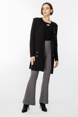 Kalpli Zımba Detaylı Siyah Kadın Uzun Hırka 49906-2K5