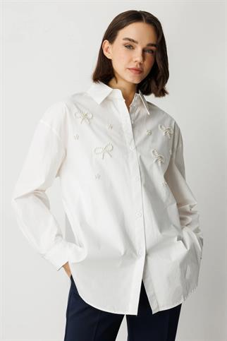 Boncuklu Kurdele Detaylı Beyaz Kadın Gömlek 50367-2Y5