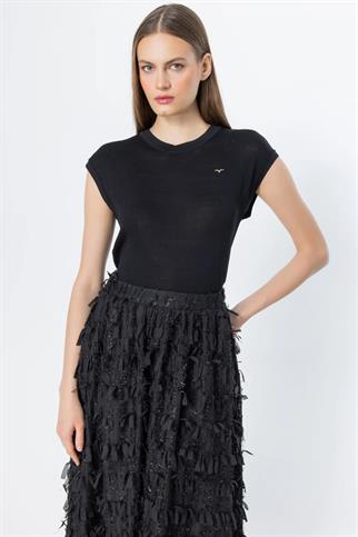 SIFIR YAKA KISA KOLLU SİYAH KADIN BLUZ  50403-2Y5