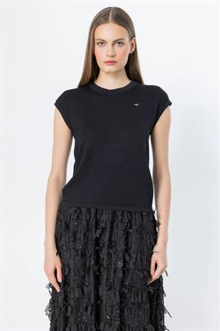 SIFIR YAKA KISA KOLLU SİYAH KADIN BLUZ  50403-2Y5