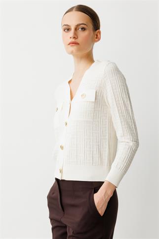 V YAKA ONÜ CEPLİ EKRU  KADIN HIRKA 50912-2Y5