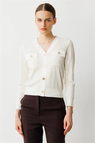 V YAKA ONÜ CEPLİ EKRU  KADIN HIRKA 50912-2Y5