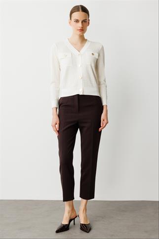 V YAKA ONÜ CEPLİ EKRU  KADIN HIRKA 50912-2Y5