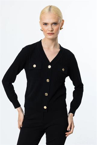 V YAKA ONÜ CEPLİ SİYAH KADIN HIRKA  50912-2Y5