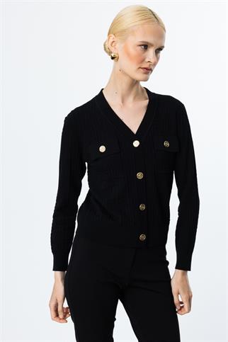 V YAKA ONÜ CEPLİ SİYAH KADIN HIRKA  50912-2Y5