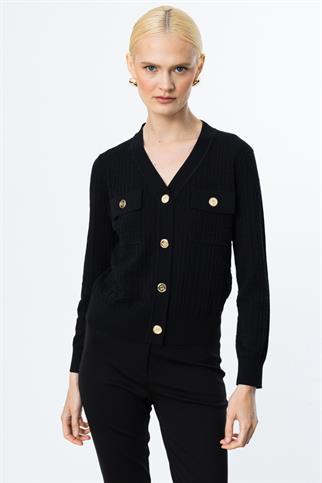 V YAKA ONÜ CEPLİ SİYAH KADIN HIRKA  50912-2Y5