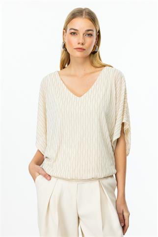 V Yaka Simli Kumaş Krem Kadın Bluz 51344-2Y5