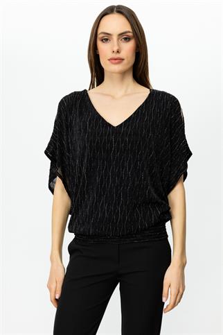 V Yaka Simli Kumaş Siyah Kadın Bluz 51344-2Y5