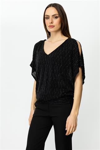 V Yaka Simli Kumaş Siyah Kadın Bluz 51344-2Y5