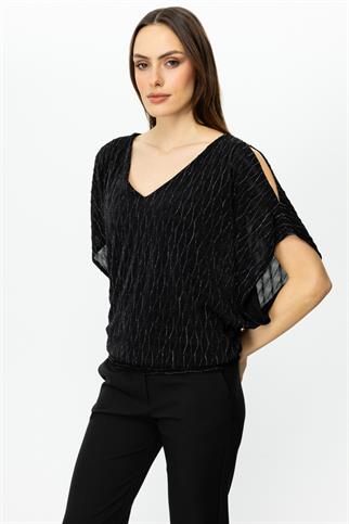 V Yaka Simli Kumaş Siyah Kadın Bluz 51344-2Y5