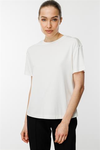 Omuzları Taşlı Sıfır Yaka Ekru Kadın  Tişört  51348-2Y5