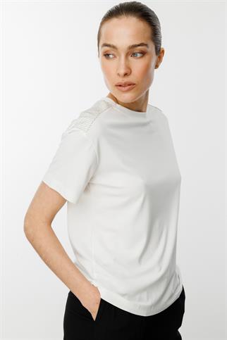 Omuzları Taşlı Sıfır Yaka Ekru Kadın  Tişört  51348-2Y5