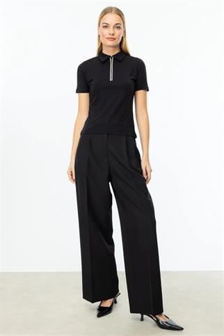 YAKASI TAŞLI VE FERMUARLI SİYAH  KADIN BLUZ 51382-2Y5