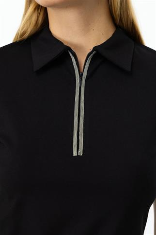 YAKASI TAŞLI VE FERMUARLI SİYAH  KADIN BLUZ 51382-2Y5