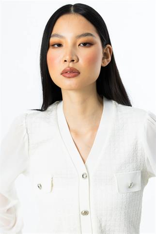 Düğmeli Kolları Tül Ekru Kadın Bluz  51446-2Y5