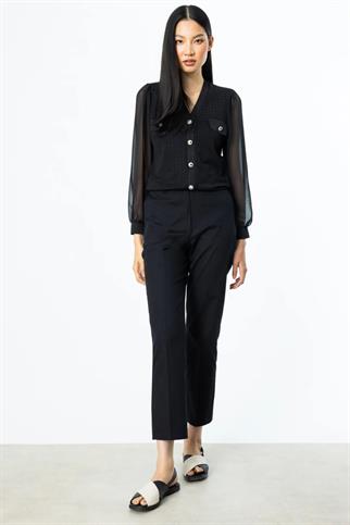 Düğmeli Kolları Tül Siyah Kadın Bluz 51446-2Y5