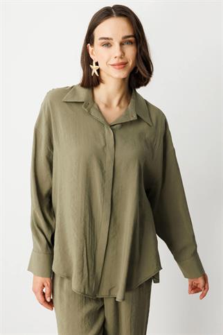 Uzun Kollu Rahat Kalıp Haki  Kadın Gömlek 54300-2Y5