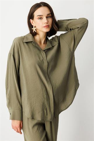 Uzun Kollu Rahat Kalıp Haki  Kadın Gömlek 54300-2Y5