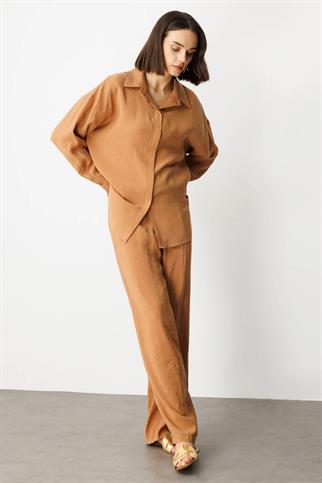 Uzun Kollu Rahat Kalıp Mocca Kadın Gömlek 54300-2Y5