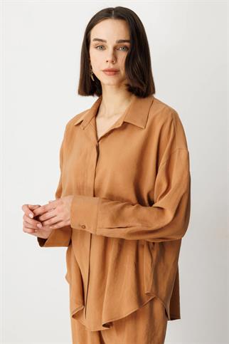 Uzun Kollu Rahat Kalıp Mocca Kadın Gömlek 54300-2Y5