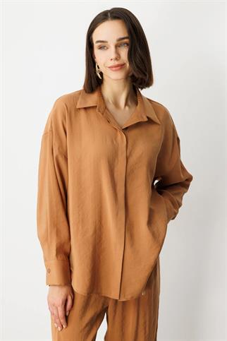 Uzun Kollu Rahat Kalıp Mocca Kadın Gömlek 54300-2Y5