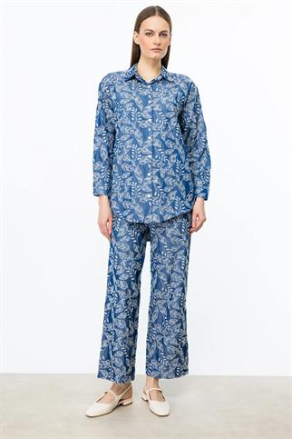  Pamuklu Uzun Kollu İndigo Kadın  Gömlek 54359-2Y5