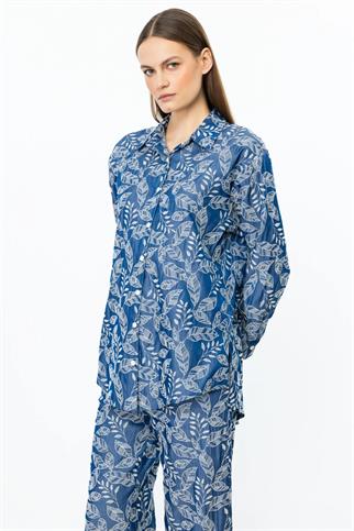  Pamuklu Uzun Kollu İndigo Kadın  Gömlek 54359-2Y5