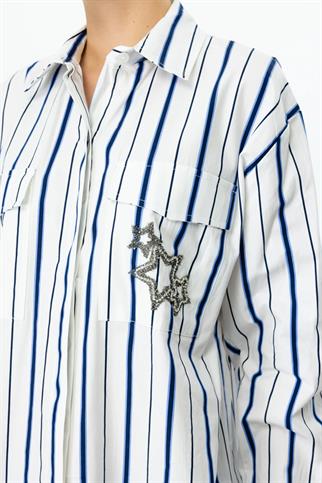 YILDIZ DETAYLI ÇİZGİLİ LACİ KADIN GÖMLEK   56300-2Y5 