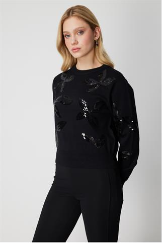 On Pullu Desenli Triko Kazak Siyah 60308-2K6 