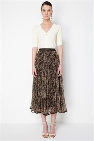 Volanlı Desenli Maxi Etek Kahve 70204-2Y6