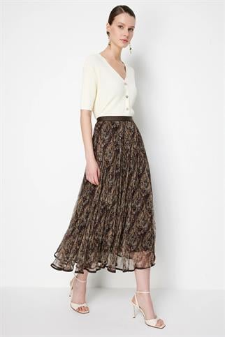 Volanlı Desenli Maxi Etek Kahve 70204-2Y6