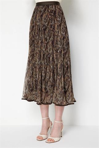 Volanlı Desenli Maxi Etek Kahve 70204-2Y6