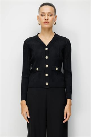 Düğmeli Siyah Renk Kadın Hırka 70912-2Y6