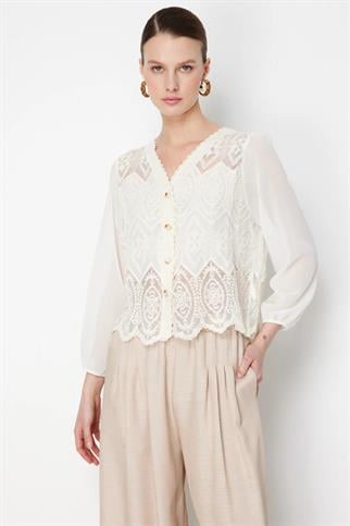 Kolları Tül Dantelli Pamuklu Hırka Ekru 70931-2Y6