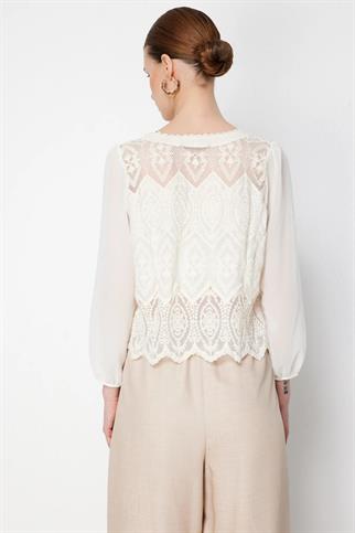 Kolları Tül Dantelli Pamuklu Hırka Ekru 70931-2Y6