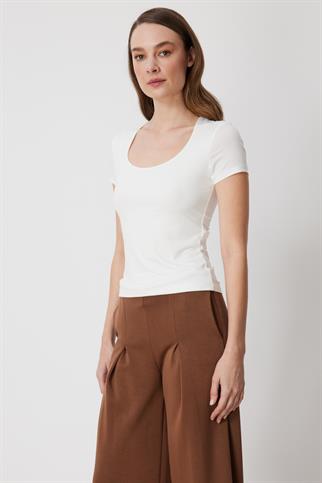 U Yaka Kısa Kollu Basic Bluz Ekru 71335-2Y6