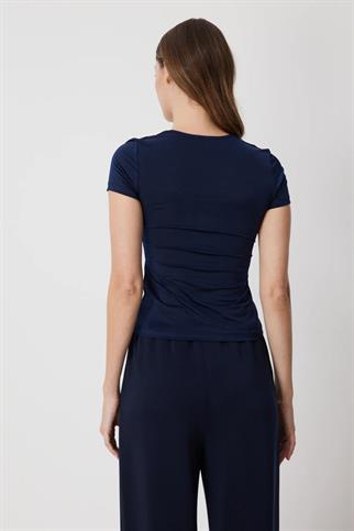 U Yaka Kısa Kollu Basic Bluz Lacivert 71335-2Y6