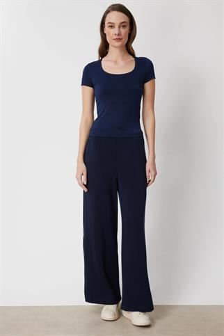 U Yaka Kısa Kollu Basic Bluz Lacivert 71335-2Y6