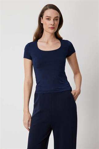 U Yaka Kısa Kollu Basic Bluz Lacivert 71335-2Y6