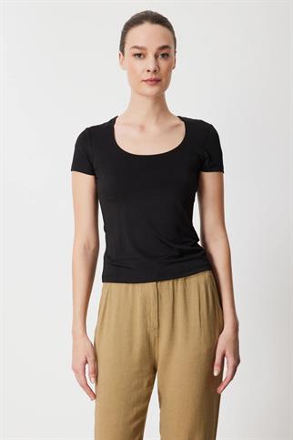 U Yaka Kısa Kollu Basic Bluz Siyah 71335-2Y6