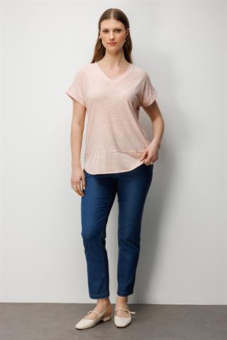 V Yaka Desenli Büyük Beden Bluz Pudra 71343-2Y6