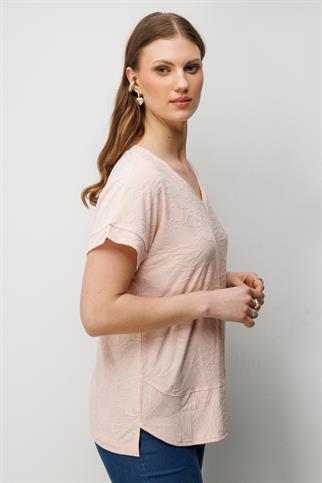 V Yaka Desenli Büyük Beden Bluz Pudra 71343-2Y6