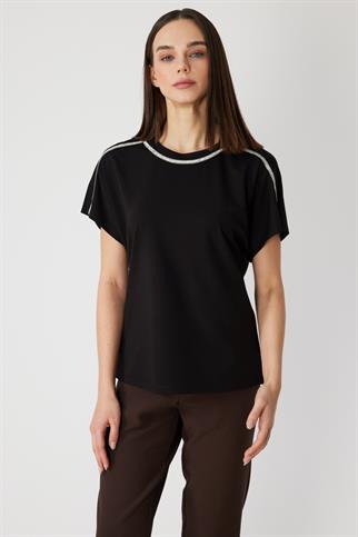 Şeritli Taş Detaylı Kısa Kollu Bluz Siyah 71355-2Y6