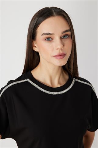 Şeritli Taş Detaylı Kısa Kollu Bluz Siyah 71355-2Y6