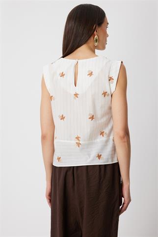 Önü Bağlamalı İşlemeli Pamuklu Bluz Bej 72335-2Y6